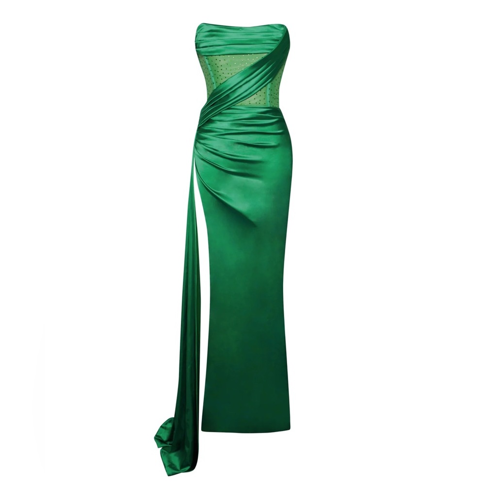 Holly Green Crystallized Corset High Slit Satin Gown